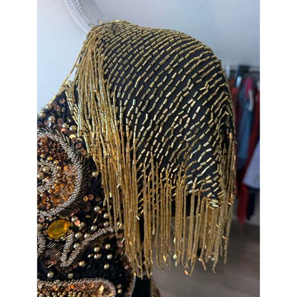 Vintage Ornate Fringe Beaded Cocktail Black Gold Embellished Party Dress Size 4 - Picture 12 of 16